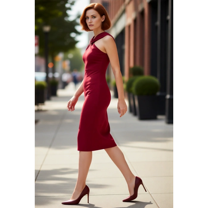Kadın Bordo Halter Yaka Aksesuar Detaylı Bodycon Midi Elbise Şık Ve Zarif Duruş İle Öne Çıkın