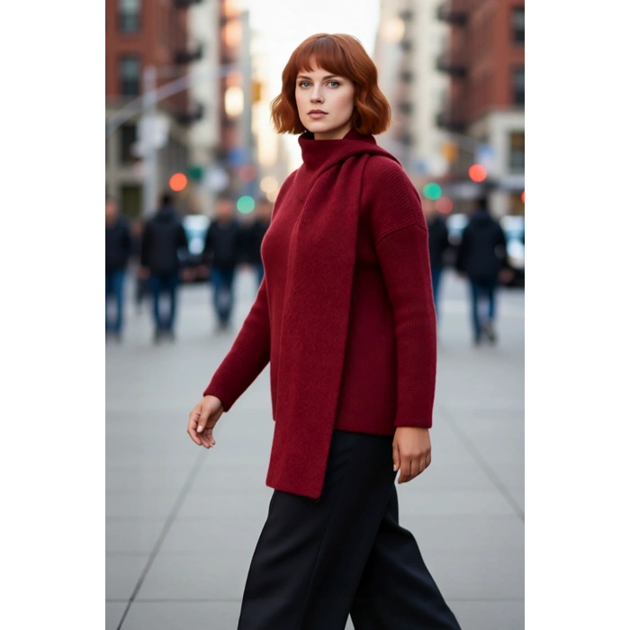Kadın Bordo Kalın Yün İçerikli Şal Detaylı Triko Kazak Regular Kalıp Uzun Kollu Kış Kombinleri İçin