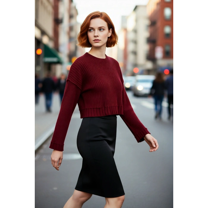 Kadın Bordo Oversize Kesim Fitilli Triko Crop Kazak Uzun Kollu Bisiklet Yaka Günlük Şıklık