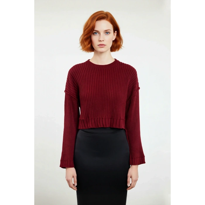 Kadın Bordo Oversize Kesim Fitilli Triko Crop Kazak Uzun Kollu Bisiklet Yaka Günlük Şıklık