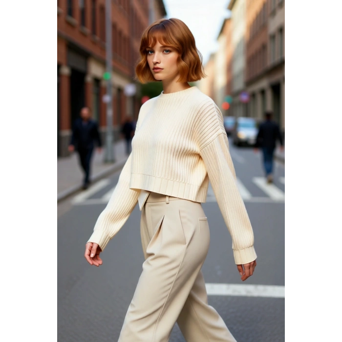 Kadın Bordo Oversize Kesim Fitilli Triko Crop Kazak Uzun Kollu Bisiklet Yaka Günlük Şıklık