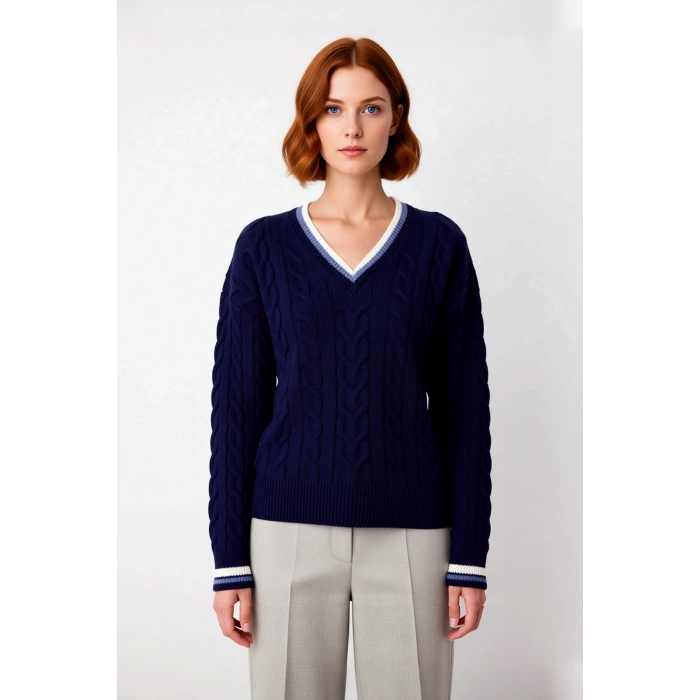 Kadın Bordo Rengi Saç Örgü Desenli V Yaka Triko Kazak Düşük Kol Rahatlık Sunan Sonbahar Kış