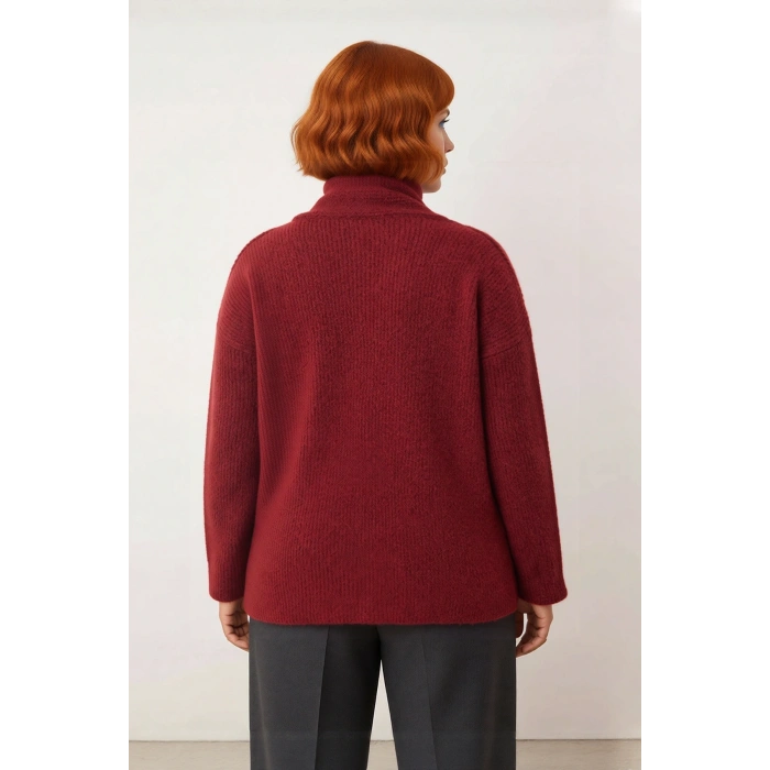 Kadın Bordo Şal Detaylı Yün İçerikli Kalın Triko Kazak Düz Desenli Regular Kalıp Uzun Kollu Kışlık