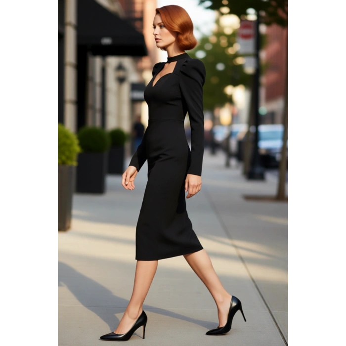 Kadın Bordo Vücuda Oturan Midi Boy Abiye Elbise Uzun Balon Kol Kalp Yaka Şık Dokuma Kokteyl Stili