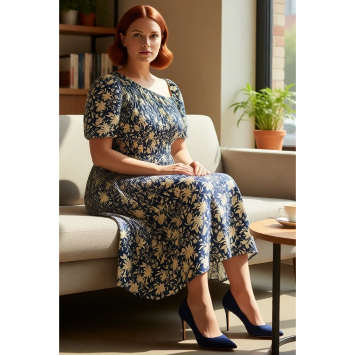 Kadın Büyük Beden A Kesim Dokuma Çiçekli Asimetrik Yaka Balon Kol Midi Elbise Rahat Şıklık Sunar