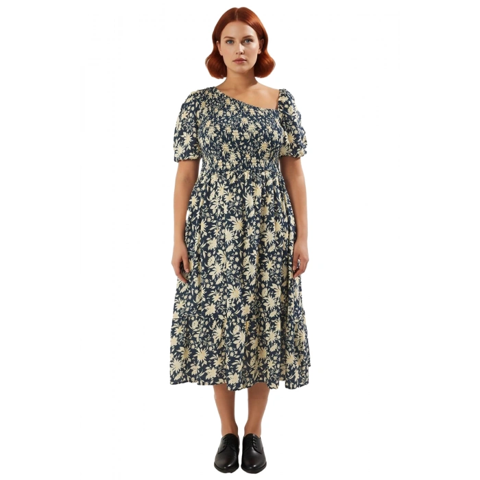 Kadın Büyük Beden A Kesim Dokuma Çiçekli Asimetrik Yaka Balon Kol Midi Elbise Rahat Şıklık Sunar
