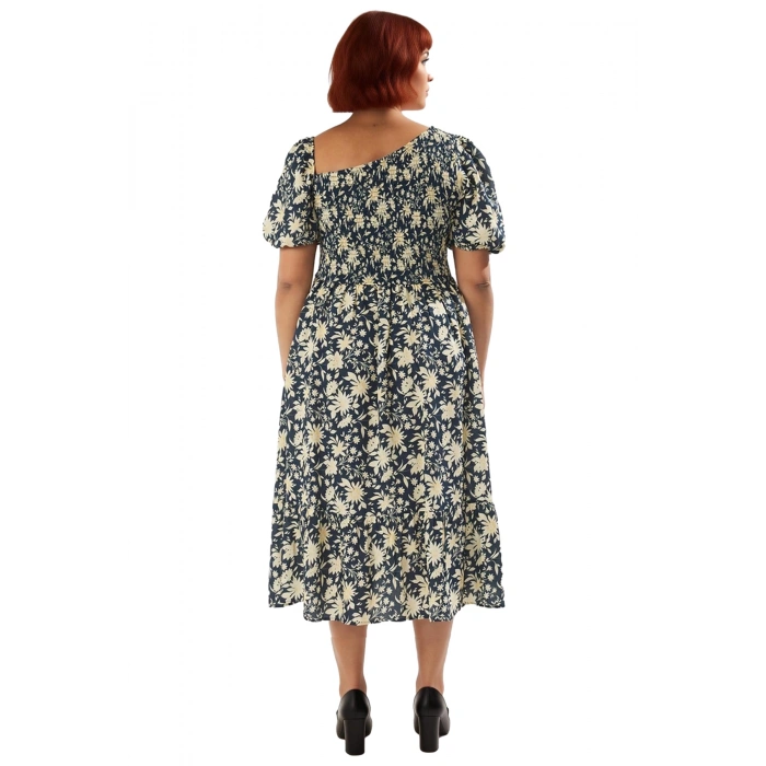 Kadın Büyük Beden A Kesim Dokuma Çiçekli Asimetrik Yaka Balon Kol Midi Elbise Rahat Şıklık Sunar