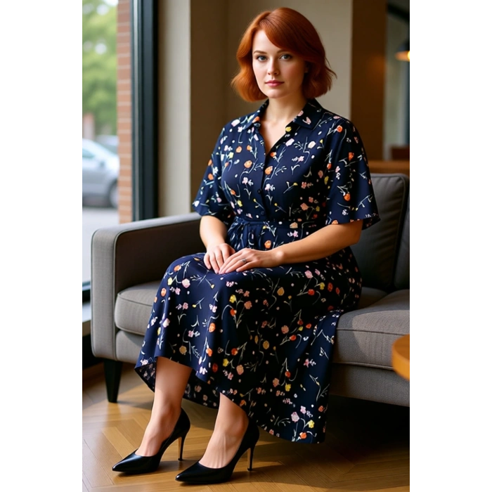 Kadın Büyük Beden A Line Çiçekli Gömlek Yaka Viskon Kumaş Maxi Elbise Kısa Melek Kol Tasarımı