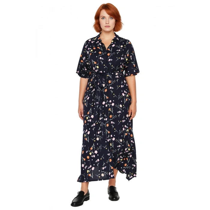 Kadın Büyük Beden A Line Çiçekli Gömlek Yaka Viskon Kumaş Maxi Elbise Kısa Melek Kol Tasarımı