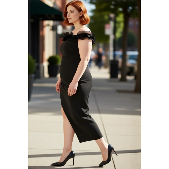 Kadın Büyük Beden A line Kesim Düz Desen Kolsuz Fırfırlı Carmen Yaka Maxi Elbise Şık Davetler İçin