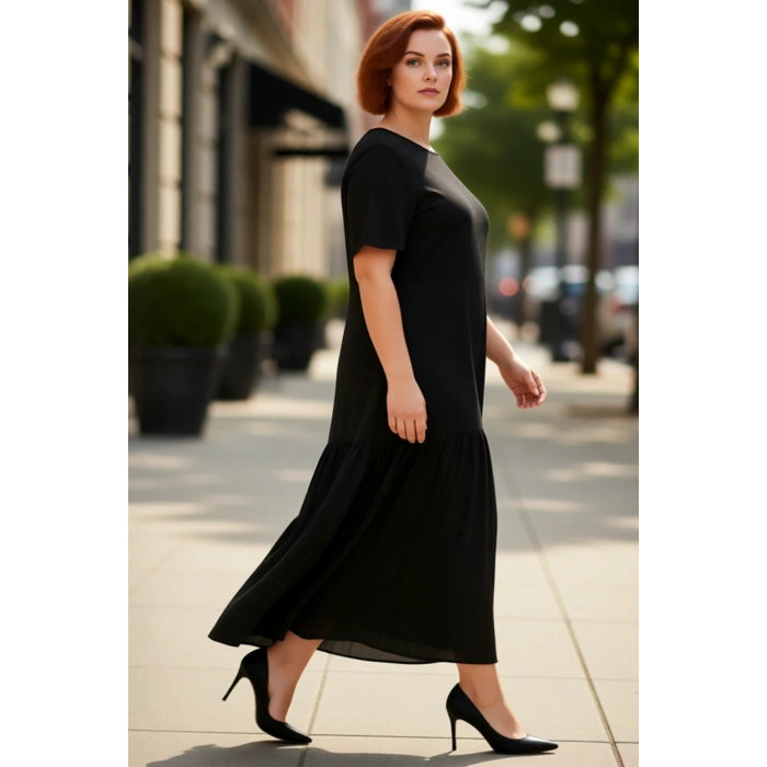 Kadın Büyük Beden A line Maxi Kısa Kollu Dokuma Volanlı Elbise Rahat Günlük Şıklık Sunar Kaliteli