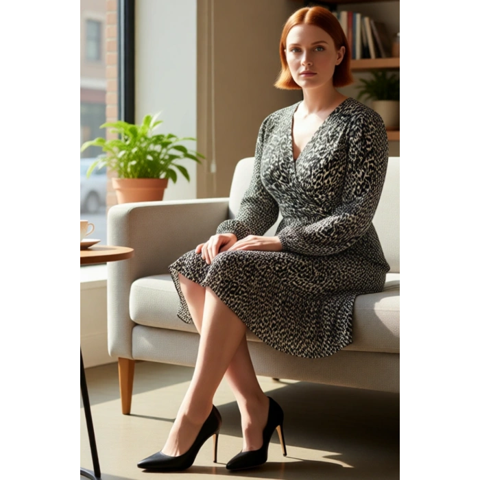 Kadın Büyük Beden A Line Mini Elbise Uzun Kollu V Yaka Örme Kumaş Hareketli Desenli Modern