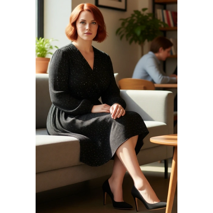 Kadın Büyük Beden A Line Mini Elbise Uzun Kollu V Yaka Örme Kumaş Hareketli Desenli Modern