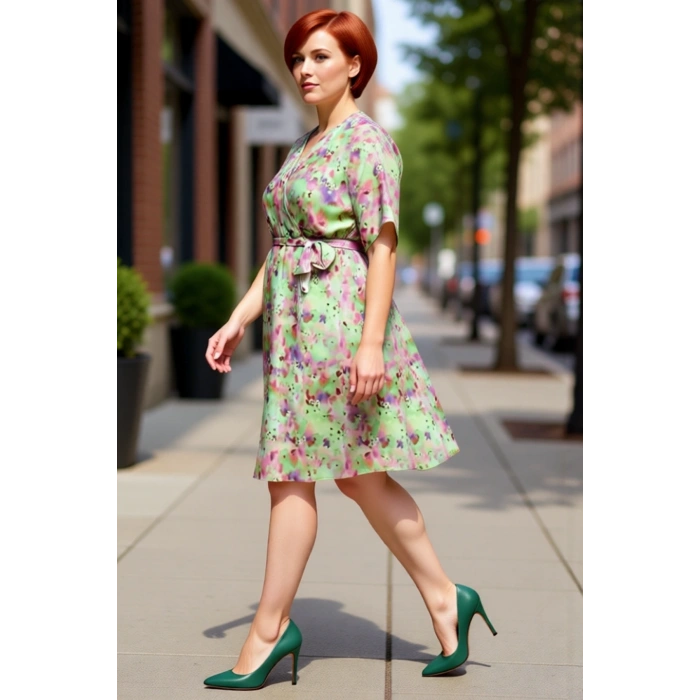 Kadın Büyük Beden A Line Şifon Elbise Çiçekli Desen Melek Kol V Yaka Kuşaklı Kısa Boy Yaz Günleri