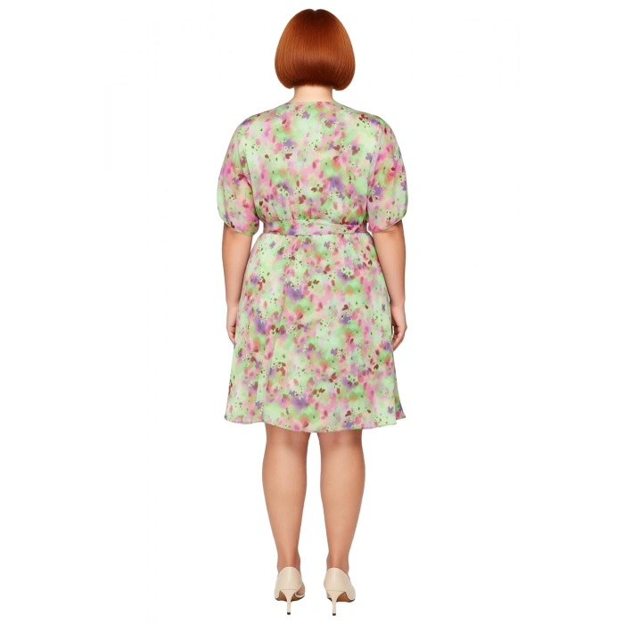 Kadın Büyük Beden A Line Şifon Elbise Çiçekli Desen Melek Kol V Yaka Kuşaklı Kısa Boy Yaz Günleri