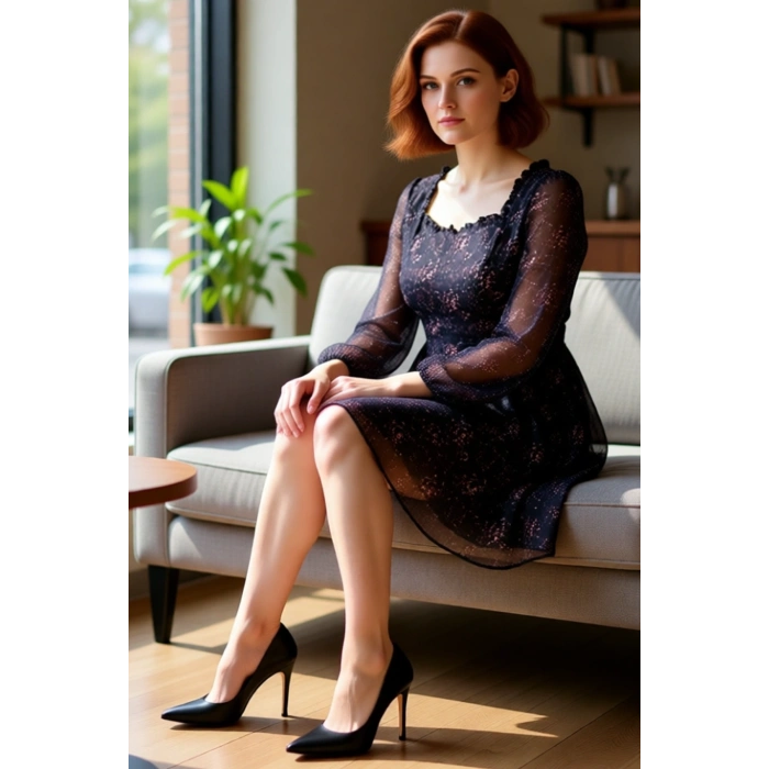 Kadın Büyük Beden A Line Şifon Geometrik Desenli Mini Kalp Yaka Balon Kol İlkbahar Sonbahar Elbise