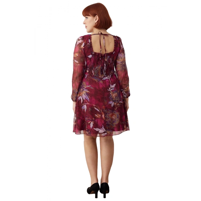 Kadın Büyük Beden A Line Şifon Geometrik Desenli Mini Kalp Yaka Balon Kol İlkbahar Sonbahar Elbise