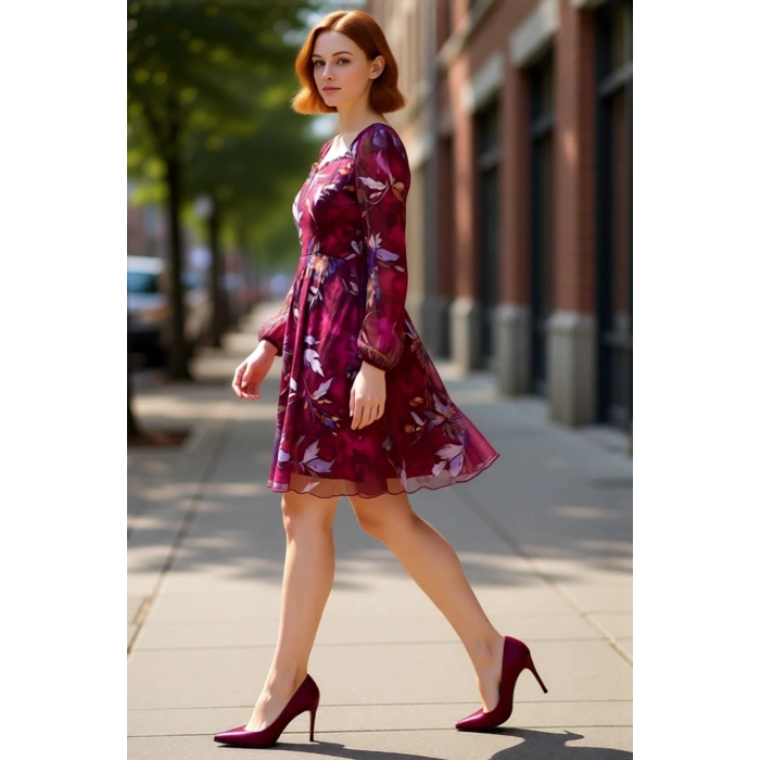 Kadın Büyük Beden A Line Şifon Geometrik Desenli Mini Kalp Yaka Balon Kol İlkbahar Sonbahar Elbise