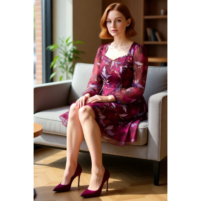 Kadın Büyük Beden A Line Şifon Geometrik Desenli Mini Kalp Yaka Balon Kol İlkbahar Sonbahar Elbise