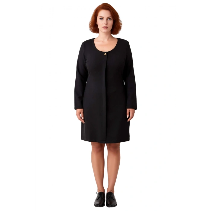 Kadın Büyük Beden A Line Siyah Havuz Yaka Uzun Kollu Düğme Detaylı Dokuma Mini Elbise Ofis Stili
