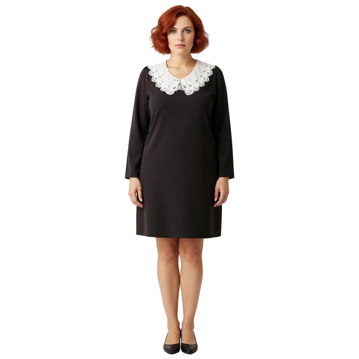 Kadın Büyük Beden A Line Siyah Mini Elbise Bebe Yaka Uzun Kollu Rahat ve Şık Dokuma Tasarım