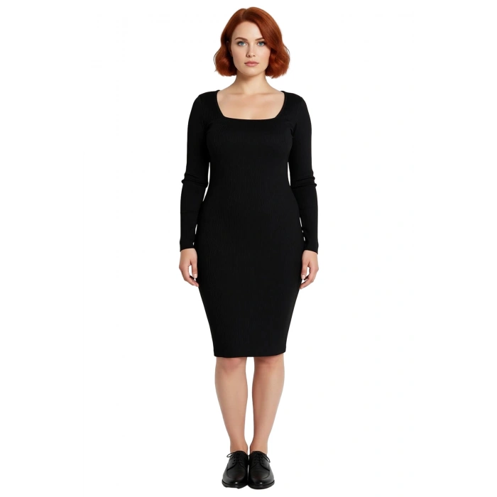 Kadın Büyük Beden Bodycon Fitilli Triko Elbise Uzun Kollu Midi Boy Kare Yaka Şık Tasarım Kaliteli