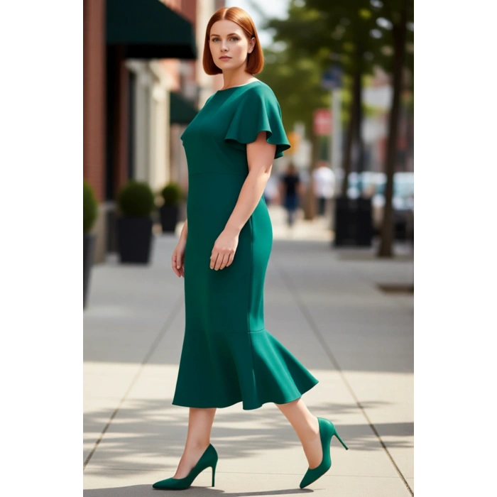 Kadın Büyük Beden Bodycon Midi Elbise Melek Kol Dokuma Kumaş Bisiklet Yaka Şık Günlük Stile Uygun