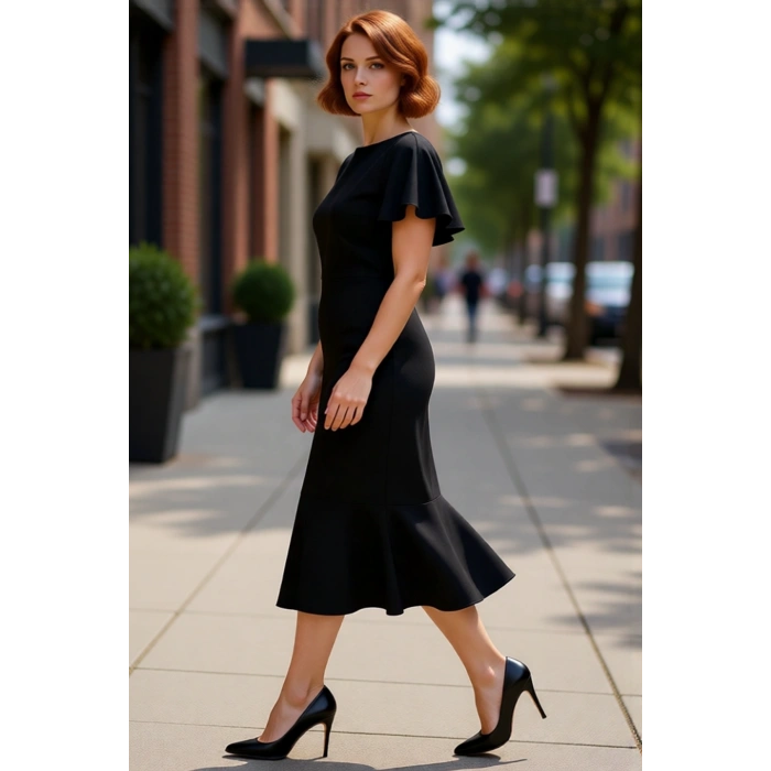 Kadın Büyük Beden Bodycon Midi Elbise Melek Kol Dokuma Kumaş Bisiklet Yaka Şık Günlük Stile Uygun