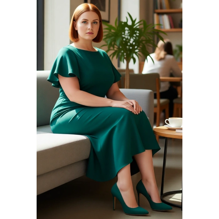 Kadın Büyük Beden Bodycon Midi Elbise Melek Kol Dokuma Kumaş Bisiklet Yaka Şık Günlük Stile Uygun