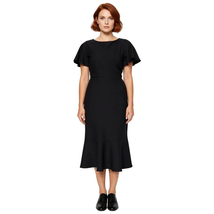 Kadın Büyük Beden Bodycon Midi Elbise Melek Kol Dokuma Kumaş Bisiklet Yaka Şık Günlük Stile Uygun