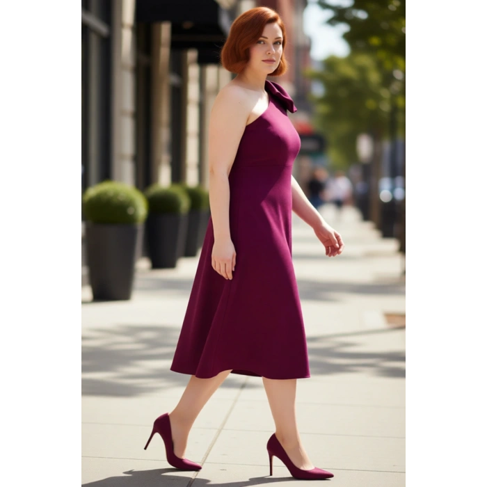 Kadın Büyük Beden Bodycon Midi Elbise Tek Omuzlu Asimetrik Yaka Şık Davetler İçin Zarif Dokuma