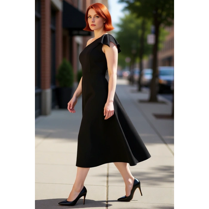 Kadın Büyük Beden Bodycon Midi Elbise Tek Omuzlu Asimetrik Yaka Şık Davetler İçin Zarif Dokuma