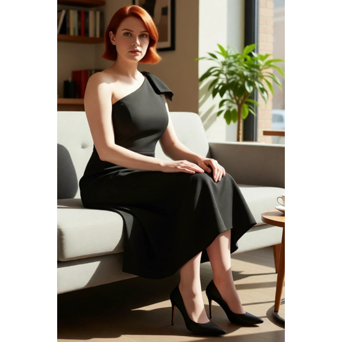 Kadın Büyük Beden Bodycon Midi Elbise Tek Omuzlu Asimetrik Yaka Şık Davetler İçin Zarif Dokuma