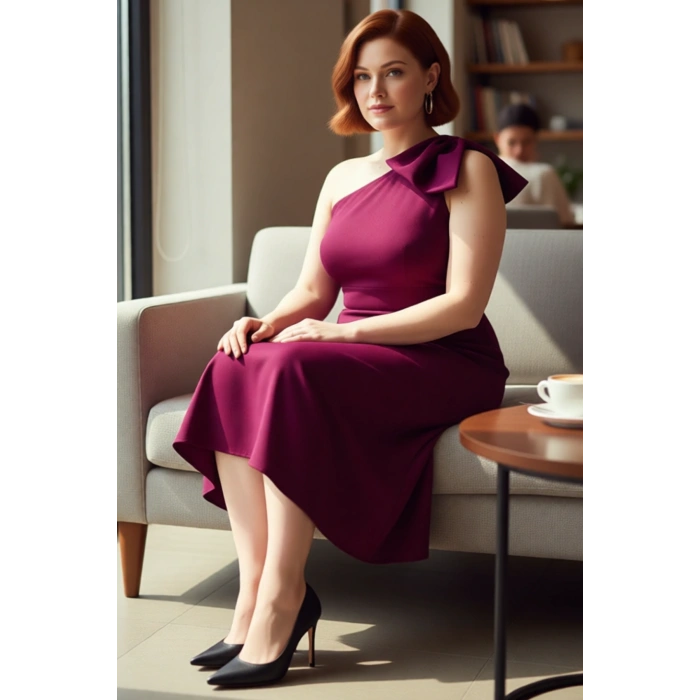 Kadın Büyük Beden Bodycon Midi Elbise Tek Omuzlu Asimetrik Yaka Şık Davetler İçin Zarif Dokuma