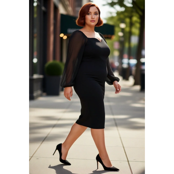 Kadın Büyük Beden Bodycon Midi Uzun Kollu V Yaka Dokuma Elbise Şık Akşam Davetleri İçin İdeal