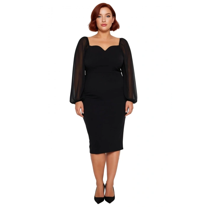 Kadın Büyük Beden Bodycon Midi V Yaka Uzun Kol Dokuma Krep Şık Elbise İlkbahar Sonbahar Özel