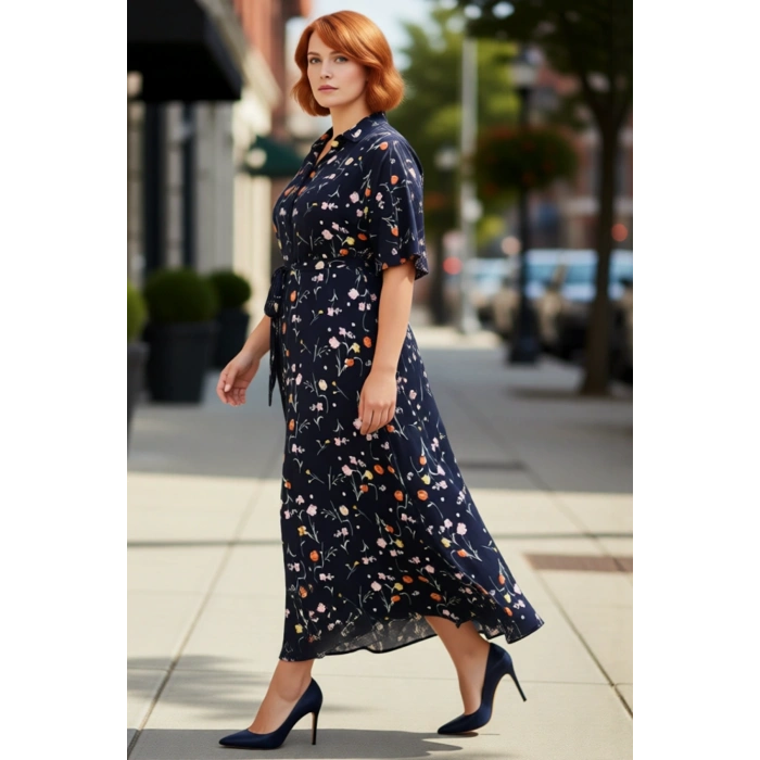 Kadın Büyük Beden Çiçek Desenli Astarsız Viskon Maxi Elbise Gömlek Yaka Melek Kol Rahat Kesim