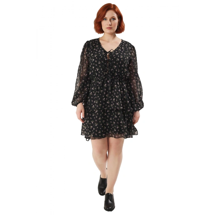 Kadın Büyük Beden Çiçek Desenli Şifon Dokuma Mini Eteği Fırfırlı Uzun Balon Kol Skater Elbise