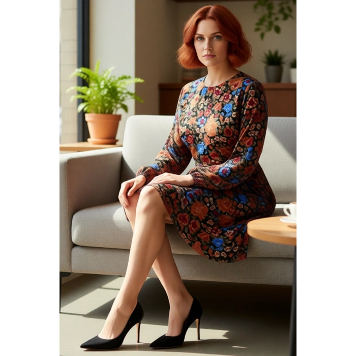 Kadın Büyük Beden Çiçekli Balon Kol Kuşaklı Bisiklet Yaka Volanlı Skater Viskoz Dokuma Elbise