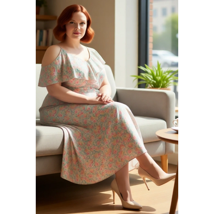 Kadın Büyük Beden Çiçekli Şifon Maxi Elbise Asimetrik Yaka Fırfırlı Tasarım İlkbahar Yaz Özel