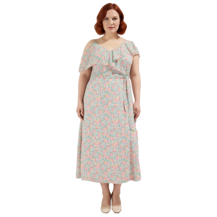 Kadın Büyük Beden Çiçekli Şifon Maxi Elbise Asimetrik Yaka Fırfırlı Tasarım İlkbahar Yaz Özel