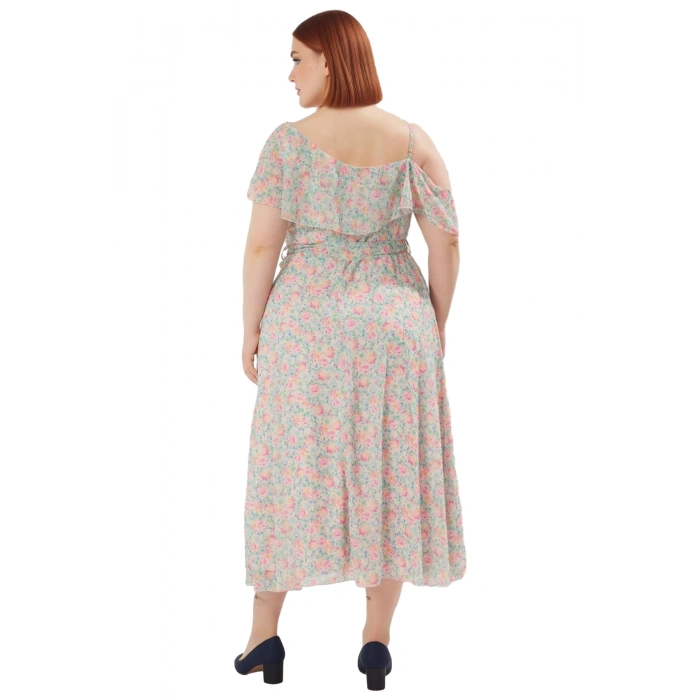 Kadın Büyük Beden Çiçekli Şifon Maxi Elbise Asimetrik Yaka Fırfırlı Tasarım İlkbahar Yaz Özel