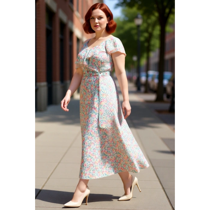 Kadın Büyük Beden Çiçekli Şifon Maxi Elbise Asimetrik Yaka Fırfırlı Tasarım İlkbahar Yaz Özel