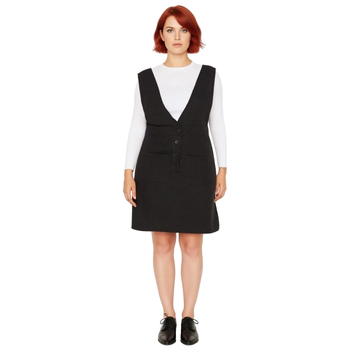 Kadın Büyük Beden Dokulu V Yaka Jile Elbise Şık Modern Kısa Boy Rahat Kesim İlkbahar Sonbahar Tarzı