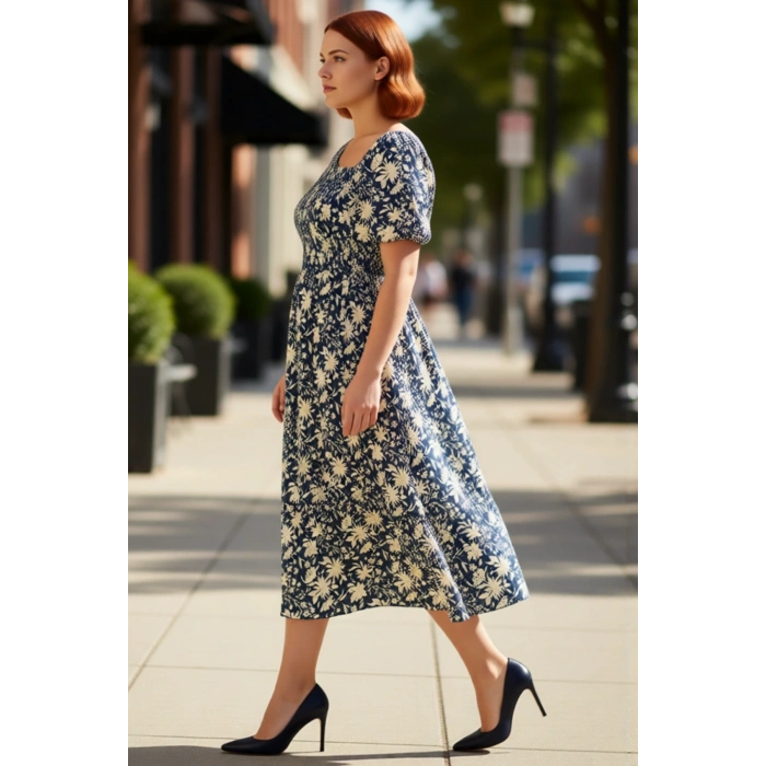 Kadın Büyük Beden Dokuma Gipeli Asimetrik Yaka Balon Kol Midi Elbise Viskoz Kumaş Konforu Sunar