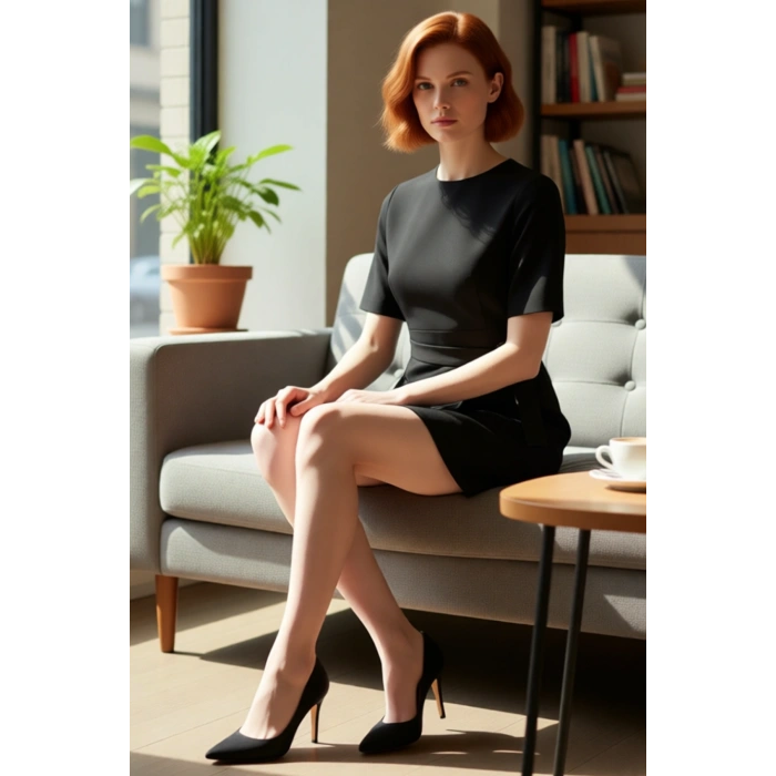 Kadın Büyük Beden Dokuma Kemerli Kısa Kollu Bisiklet Yaka Mini Profesyonel Ofis Elbisesi Kaliteli