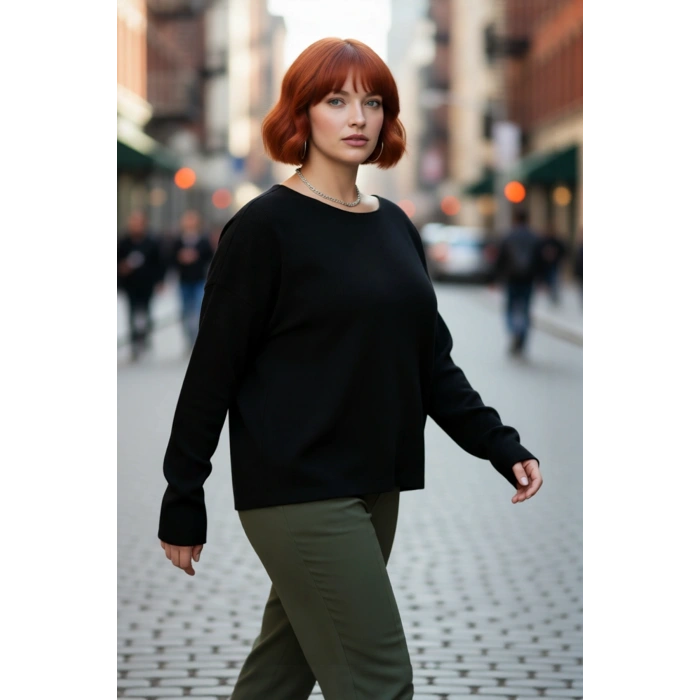 Kadın Büyük Beden Düz Desen Triko Kazak Rahat Kalıp Düşük Kol Bisiklet Yaka Kış Şıklığı Kaliteli