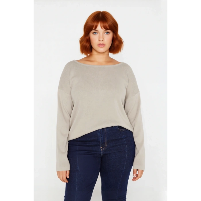 Kadın Büyük Beden Düz Desen Triko Kazak Rahat Kalıp Düşük Kol Bisiklet Yaka Kış Şıklığı Kaliteli