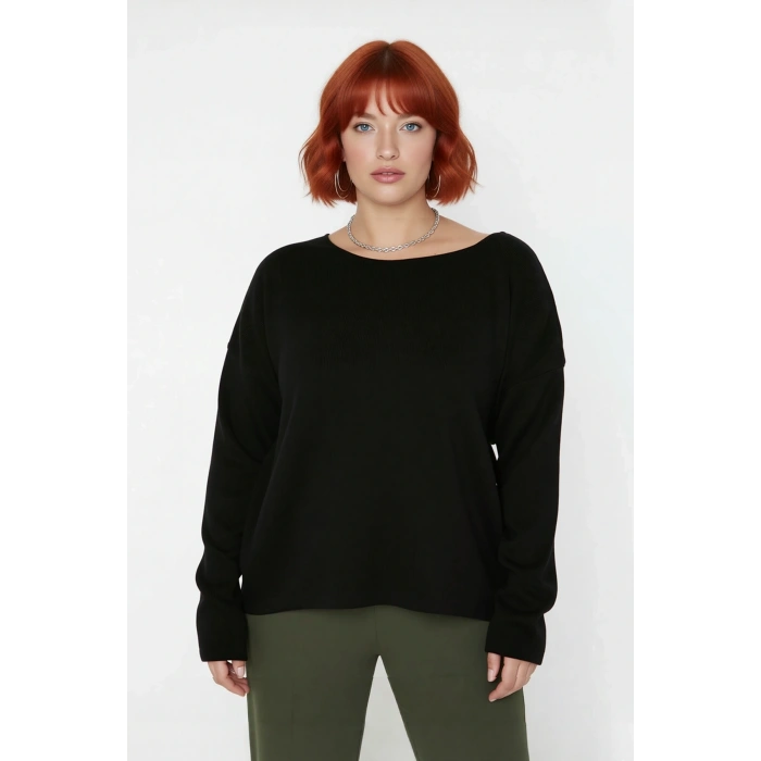 Kadın Büyük Beden Düz Desen Triko Kazak Rahat Kalıp Düşük Kol Bisiklet Yaka Kış Şıklığı Kaliteli