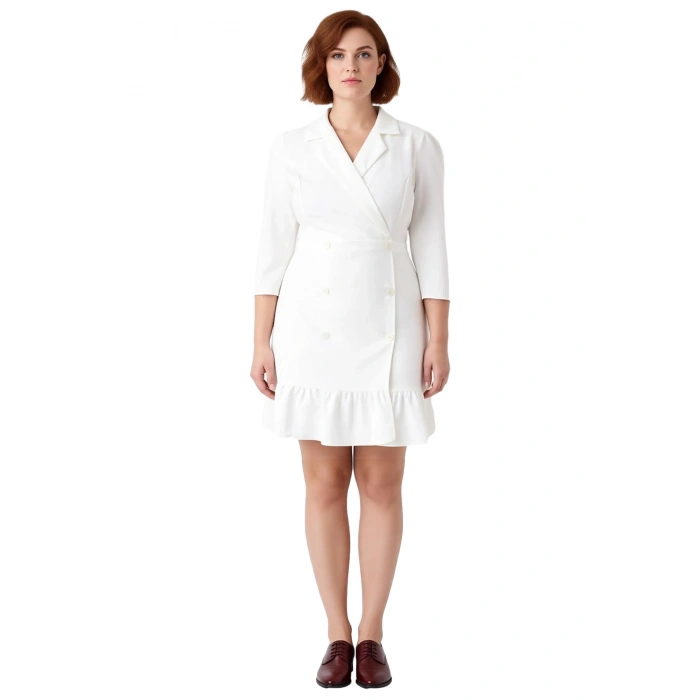 Kadın Büyük Beden Ekru Ceket Elbise Truvakar Kol Mini Boy Dokuma Kumaş Modern Şık Tasarım Kaliteli